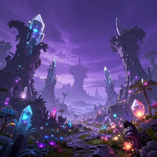 Fantastical, neon-lit jungle scene with glowing crystals, vibrant flora, and towering, twisted trees under a purple, twilight sky. Digital art