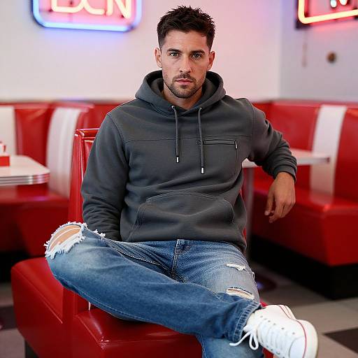 Photograph of a handsome, dark-haired man with stubble, wearing a black hoodie, ripped jeans, and white sneakers, sitting in a retro red