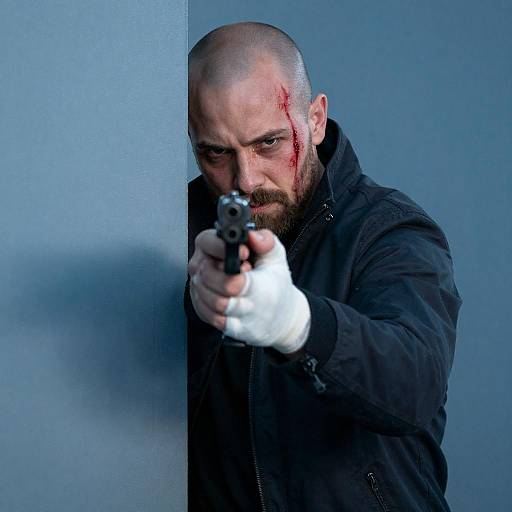 Bald Gunman Peeking Behind Blue Wall