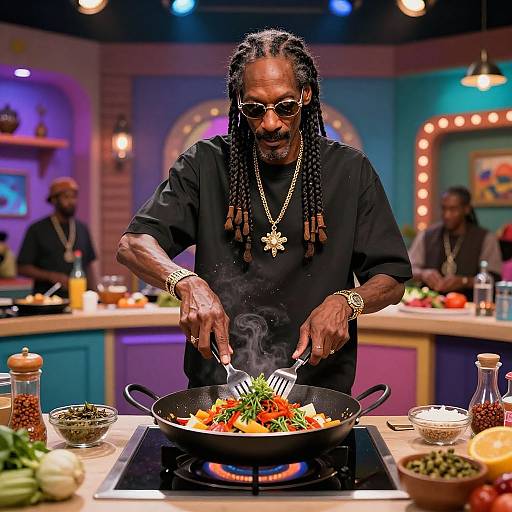 Photograph of an African-American man with dreadlocks, sunglasses, gold chain, and black shirt, cooking vibrant vegetable stir-fry on a stov