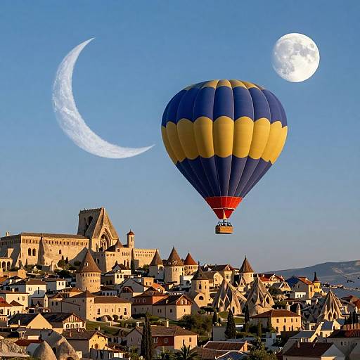 Photograph: Vibrant blue and yellow hot air balloon above Cappadocia's fairy-tale houses, with a crescent moon and full