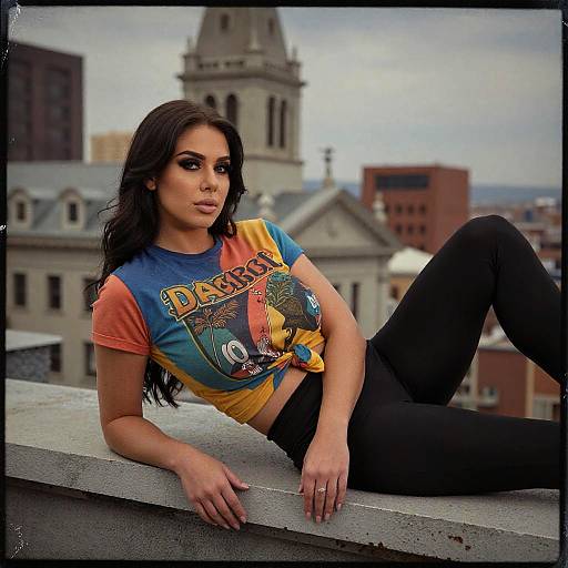 Photograph of a brunette woman with long hair, wearing a colorful 