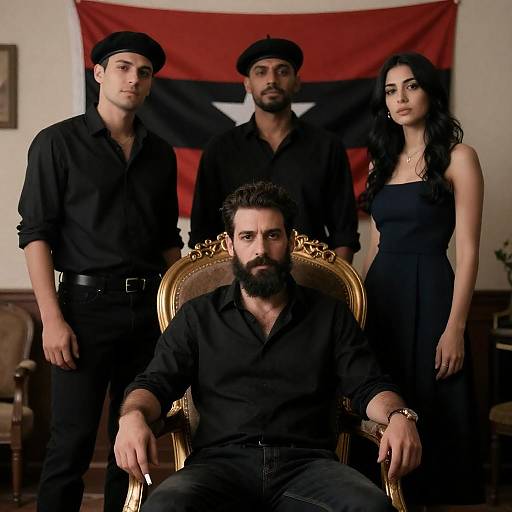 Dimly Lit Group Portrait with Flag