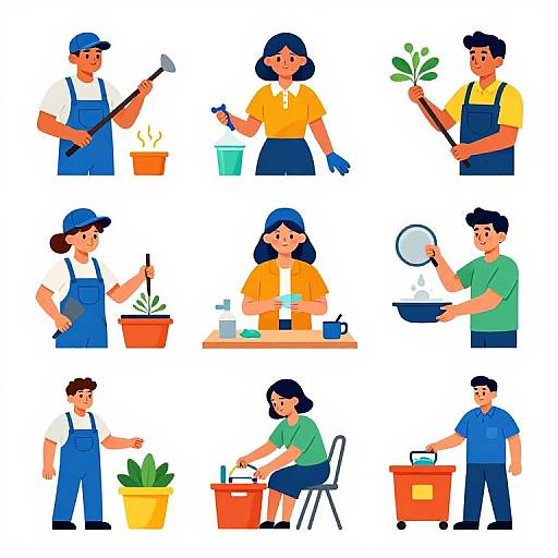 Illustration of nine diverse gardeners in blue overalls, yellow shirts, and green shirts, engaging in gardening tasks with tools and plants. Bright,