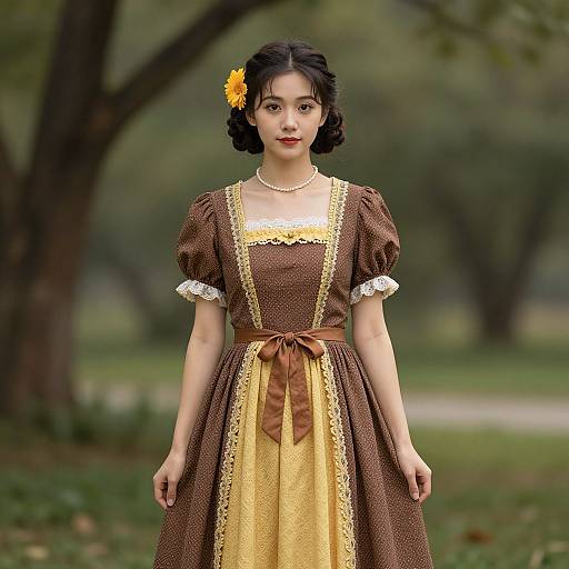 Photograph of an East Asian woman with short black hair, yellow flower, wearing a brown and yellow polka-dot dress with lace trim, standing in
