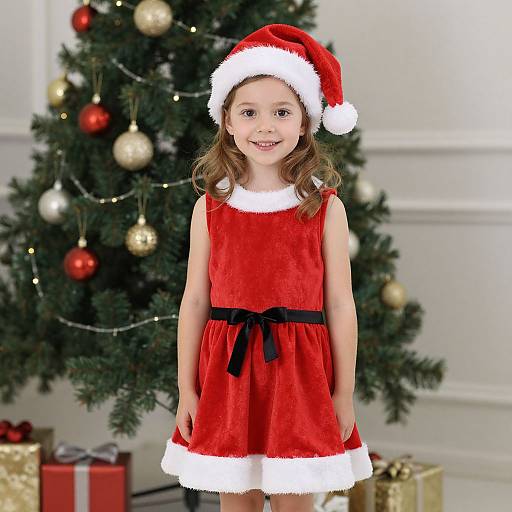 Photograph of a smiling young girl with wavy brown hair, wearing a red velvet Santa dress and hat, standing in front of a decorated Christmas tree