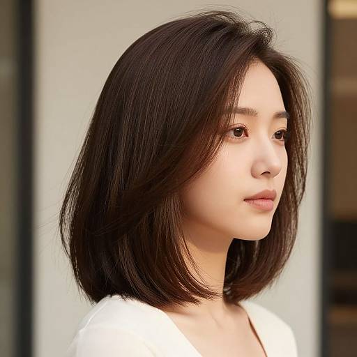 Photorealistic digital portrait of an Asian woman with straight, shoulder-length black hair, light skin, and soft expression, wearing a white top, against