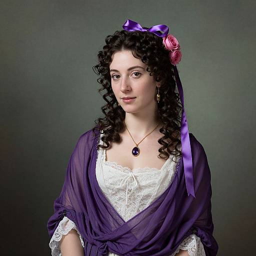 Photograph of a fair-skinned woman with curly black hair, wearing a white lace dress, purple shawl, purple ribbon, pink rose, and