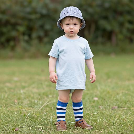 Photograph of a curious toddler with fair skin, wearing a checkered bucket hat, light blue dress, blue and white striped socks, and brown shoes