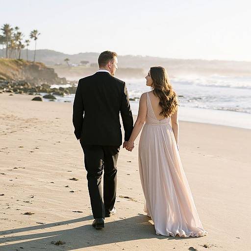 Photograph of a bride in a flowing pink gown and groom in a black suit holding hands on a sunlit beach, walking away from the camera.