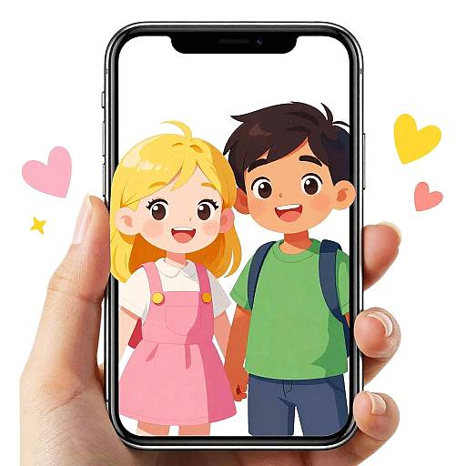 Digital anime-style drawing of a blonde girl in a pink dress and a black-haired boy in a green shirt, holding hands, shown on a smartphone screen