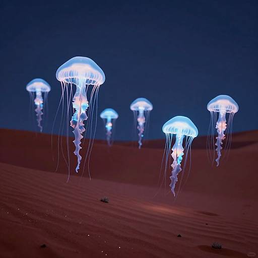 Photograph of glowing blue jellyfish floating above a red desert sand dune under a dark blue night sky.