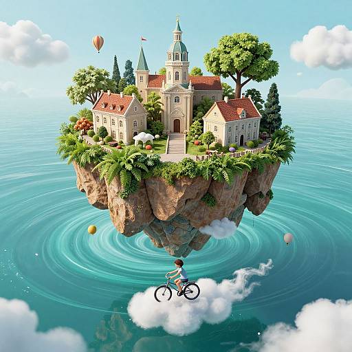 CGI fantasy image of a floating island with a medieval castle, trees, and a person on a bicycle above swirling ocean waters.