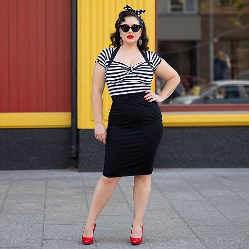Photograph of a curvy woman with red lipstick, black and white striped top, black pencil skirt, red heels, and sunglasses, standing confidently in