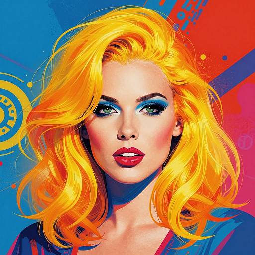 Digital pop-art portrait of a blonde woman with vibrant hair, bold blue eyeshadow, red lipstick, and a colorful abstract background.