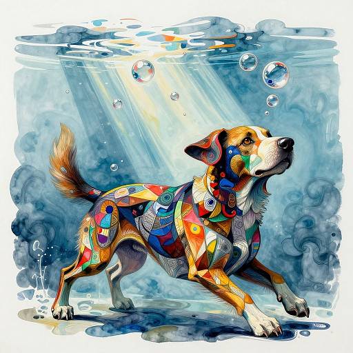 Underwater Dog in Cubist Ink Art
