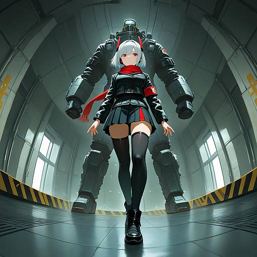 Anime Girl with Giant Robot in Futuristic Tunnel
