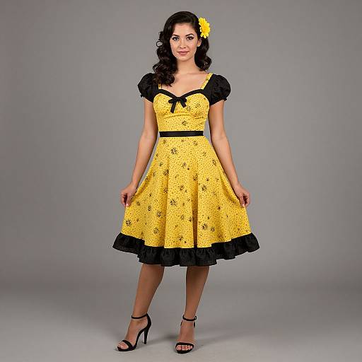 Photograph of a woman with dark curly hair, yellow polka-dotted dress with black trim, black puffed sleeves, black belt, and black