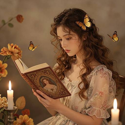 Young woman with curly brown hair, wearing a floral lace dress, reads an ornate book surrounded by butterflies and candles.