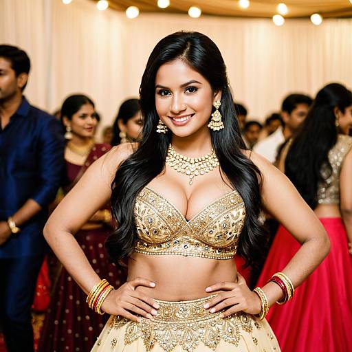 Smiling Woman in Golden Lehenga at Celebration