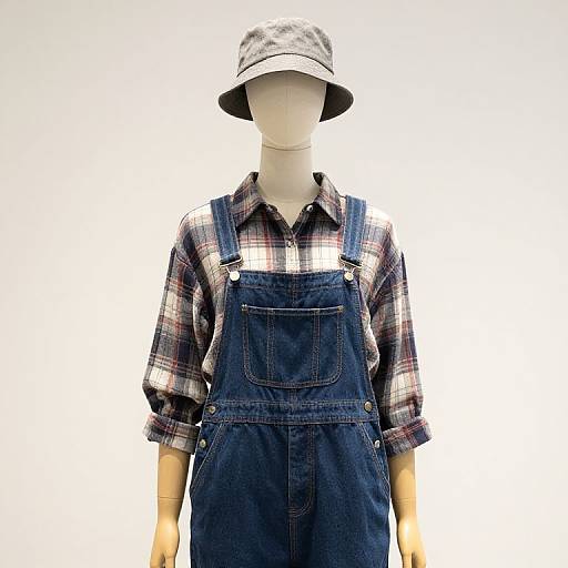 Photograph of a faceless mannequin wearing a plaid shirt under dark blue denim overalls and a gray bucket hat.