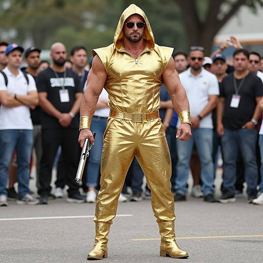 Photograph of muscular man in shiny gold hooded outfit, sunglasses, and boots, holding a gun, standing in front of a crowd.