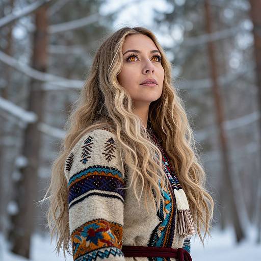 Photograph of a young woman with long wavy blonde hair, wearing a colorful, patterned knitted sweater, standing in a snowy forest.