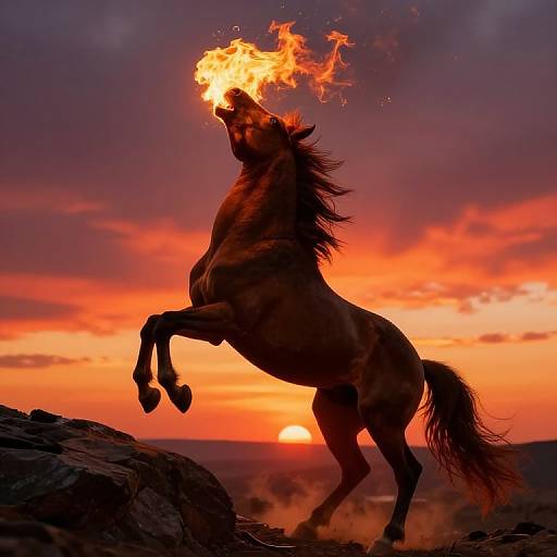 Photograph of a rearing black horse with fiery breath against a vibrant orange and purple sunset sky, standing on rocky terrain.