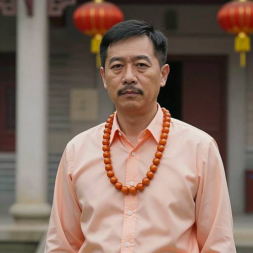 Asian Man in Peach Shirt with Orange Beads