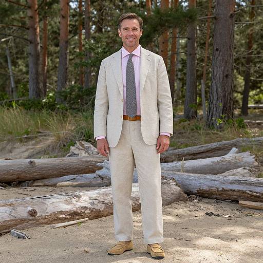 Photograph of a smiling man in a white suit with pink shirt and brown tie, standing in a forest clearing with fallen logs and trees.