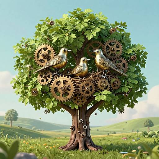 Surreal Mechanical Tree with Clockwork Birds