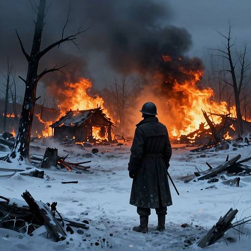 Contemplative Figure in Fiery Wasteland