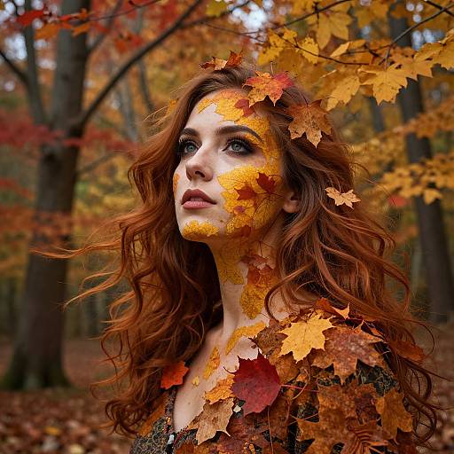Photograph of a red-haired woman with autumn leaves on her face and hair, standing in a colorful fall forest.