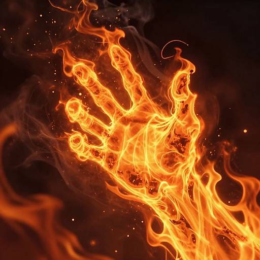 Photograph of dynamic, vivid orange and yellow flames with swirling patterns, set against a dark, almost black background. Bright sparks scatter throughout the fiery display