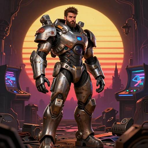 Digital art: Bearded man in futuristic silver armor with glowing blue and red accents stands confidently in front of a glowing orange sunset, surrounded by sci-fi