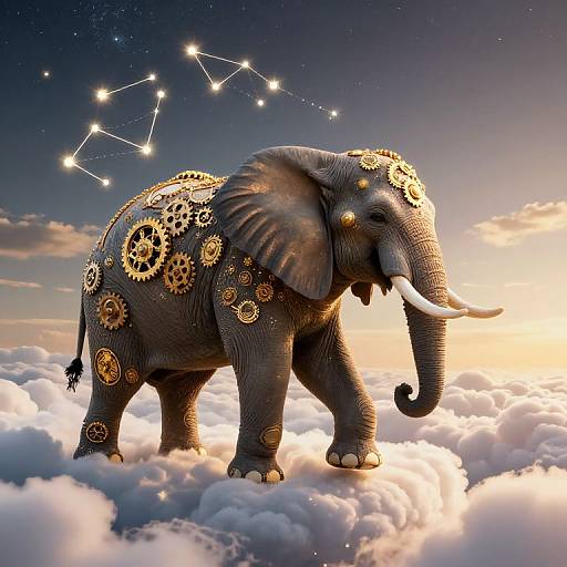 Digital artwork of a grey elephant adorned with golden gears and cogs, standing on fluffy clouds under a starry night sky.