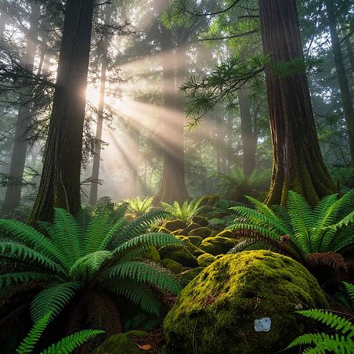 Photograph of a sunlit forest with sunlight beams streaming through tall trees, illuminating vibrant green ferns and moss-covered rocks on the forest floor.
