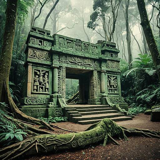 Ancient Stone Gateway in Misty Rainforest