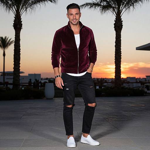 Stylish Man in Velvet Jacket at Sunset