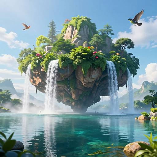 Digital fantasy illustration of a floating rock island with lush greenery, cascading waterfalls, vibrant flowers, and two flying birds against a bright blue sky