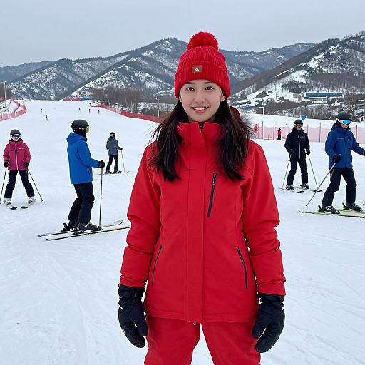 Photograph of a smiling Asian girl in a bright red winter outfit and hat, standing on a snowy ski slope with other skiers in the background.
