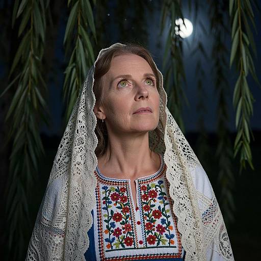 Photograph of a mature woman with light brown hair, wearing a white lace headscarf and embroidered traditional dress, gazing upwards into a dark,