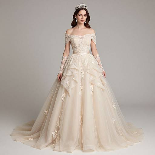 Photograph of a fair-skinned woman with dark brown hair in an off-shoulder, ivory lace and satin wedding gown, wearing a tiara