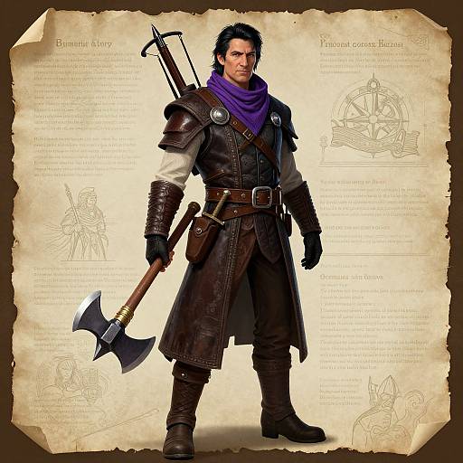 Digital art of a muscular, dark-haired warrior in brown leather armor, purple scarf, holding an axe, against a parchment background.