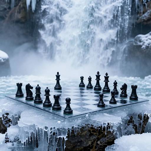 Photograph of a black chess set on an ice-covered board, set against a background of a cascading, icy waterfall.