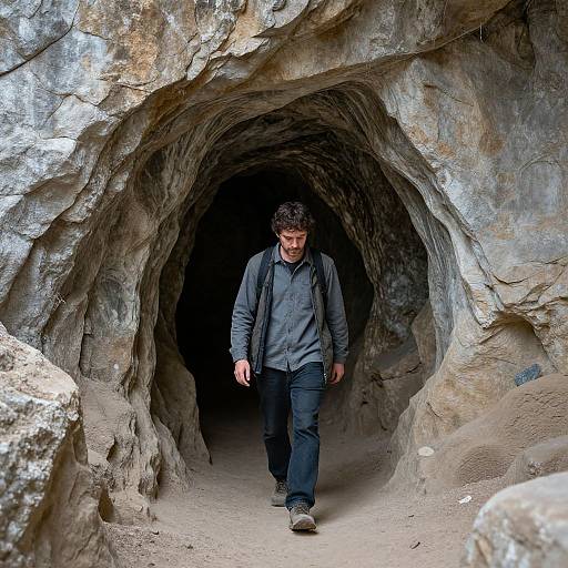 Photograph of a man with curly hair, wearing a gray shirt and black pants, walking through a rocky cave entrance.