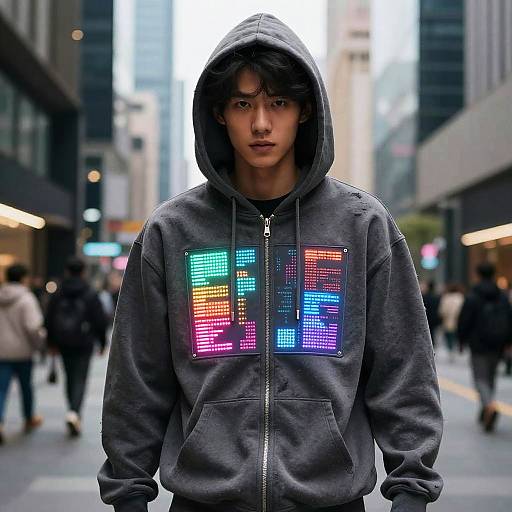 Photograph of a young Asian man with dark hair, wearing a gray hooded sweatshirt with colorful LED-like patterns, standing in a busy urban street
