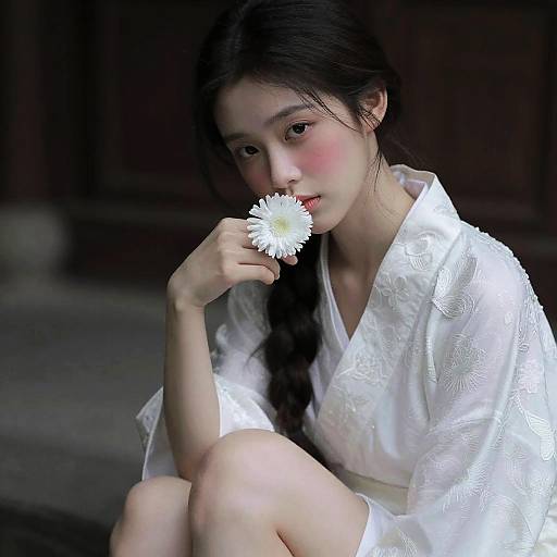 Photograph of an East Asian woman with long black hair in a braid, wearing a white floral-patterned kimono, gently holding a white d