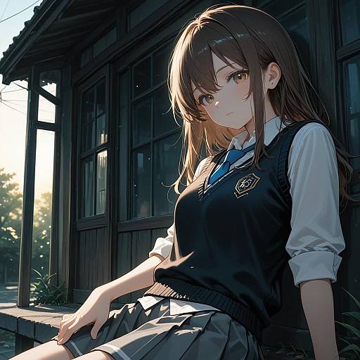 Girl in School Uniform Sitting Outdoors