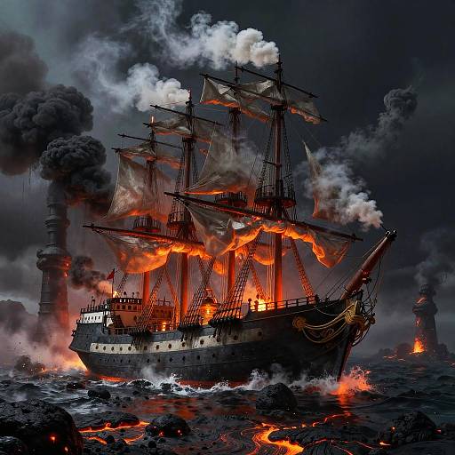 Obsidian Volcanic Schooner on Molten Lava Sea
